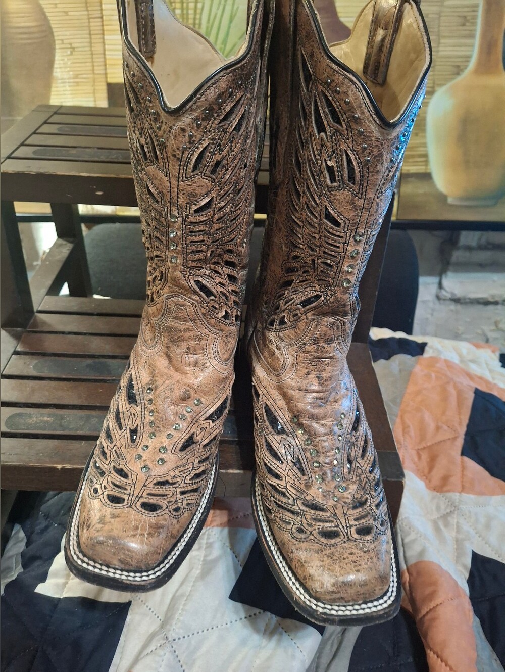 Women's Studded Distressed Brown Leather Western Heeled Boots